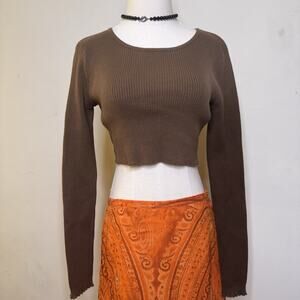 Vintage Y2K Brown Ribbed Knit Fitted Top Cropped Indie Minimal M
